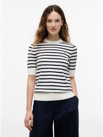 Tommy Hilfiger Womens Short-Sleeve Crewneck Sweater - Ivory / Navy Stripe - XS