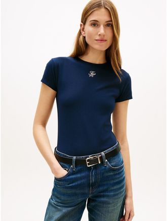 Tommy Hilfiger Womens Slim Fit Script Monogram T-Shirt - Navy - XL