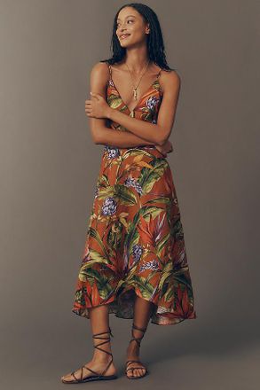 Farm Rio Florart Linen Sleeveless Plunge Midi Dress