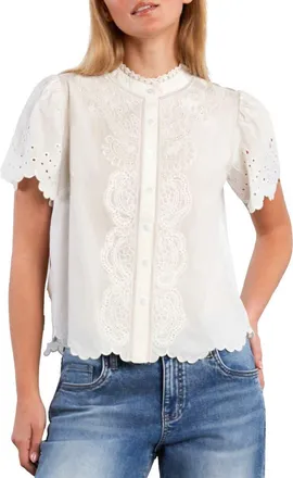 Wash Lab Denim Sweet Lace Trim Cotton Blend Top in Snow White at Nordstrom, Size X-Large