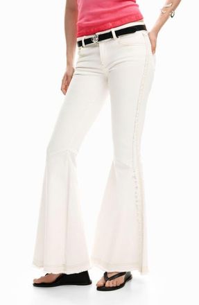 Desigual Embroidered Trim Flare Jeans in Light Beige at Nordstrom, Size 42