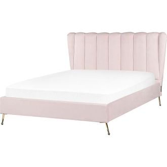 Beliani Velvet Fabric eu Double Size Bed Frame 4ft6 Headboard with usb Port Gold Metal Legs Pink Miribel