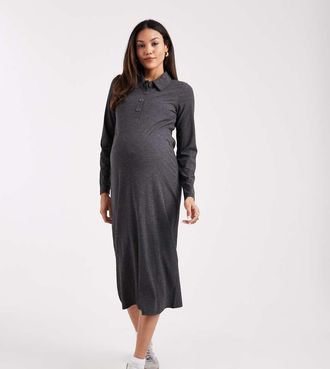 Mama Licious Mamalicious Maternity - Vestito midi stile polo per lallattamento in jersey color grigio mélange a coste