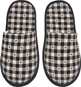 Generic House Slipper Black Plaid Heart Print Plush Home Slippers Warm Comfortable Winter Slippers Indoor Travel L