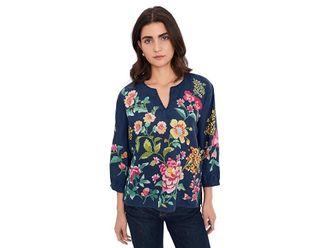 Johnny Was Split Neck Linen Blouse Womens Clothing Blue Night Miraze : 2XL