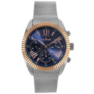 Peugeot Multi-Function Steel Mesh Fluted Bezel Watch - 42MM in Blue at Nordstrom