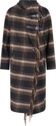 Isabel Marant Plaid Wool Blend Gihan Coat with Fringe Detail