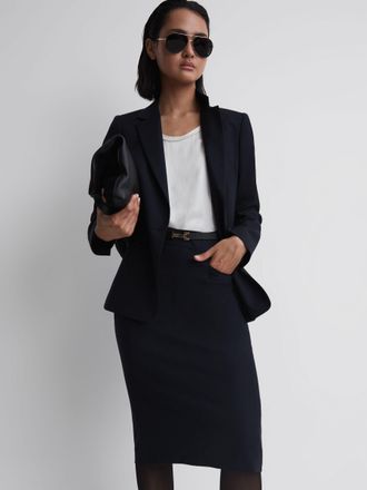 Reiss Haisley Pencil Skirt Wool Plain, Navy Size: 10