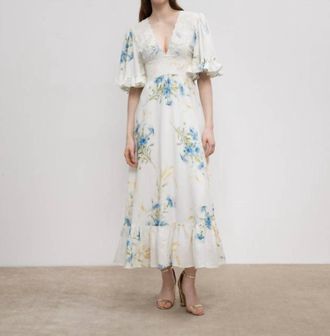 byTiMo Linen Ruffle Maxi Dress In Blue Straw
