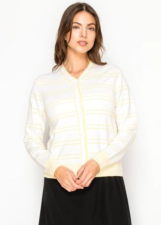 YAL New York Ivory Fine Knit Cardigan with Yellow Stripes