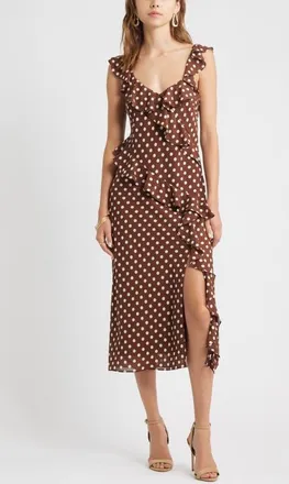 Chelsea28 Ruffle Midi Dress in Brown Polka Dot at Nordstrom, Size Xx-Small
