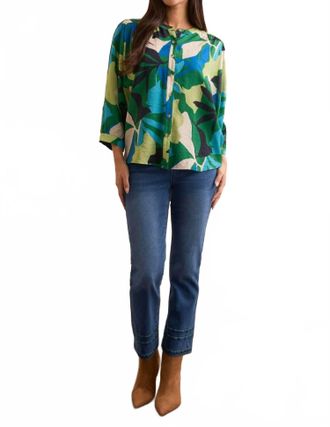 Tribal Flowy Dolman Sleeve Blouse With Self Covering Buttons In Green