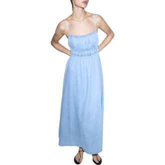 Mango Gathered Waist Denim Maxi Dress in Light Blue at Nordstrom, Size 6