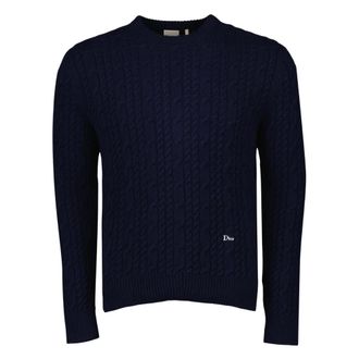 Dior Round-neck Knitwear, male, Blue, Size: M Cable-Knit Cashmere Sweater