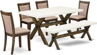 East West Furniture X726MZ716-6 6 Piece Dinning Set- A Kitchen Table in Trestle Base with Wood Bench and 4 Dining Chairs - Distressed Jacobean Finish