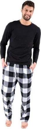 Leveret Mens Cotton Top & Flannel Pants Printed Holiday Pajama Set in Plaid Black & White at Nordstrom, Size Xxx-Large