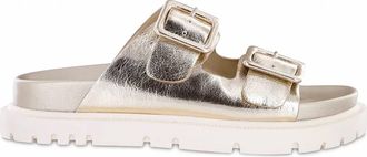Mia Shoes Womens Golden Hour Buckle Slides In Soft Gold