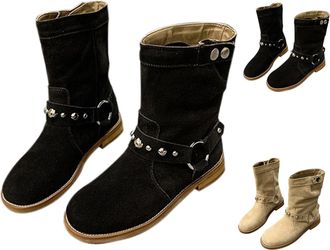 Generic Cowboy Boots for Women Uk Wide Fit Suede Ankle Boots Womens Round Toe Low Heeled Western Boot Mid Calf Pull on Slouch Chunky Heel Wide Calf Cowgirl Bo