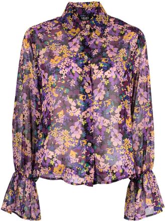 Liu Jo floral-print long-sleeve shirt - women - Metallized Polyester/Polyester - 46 - Purple