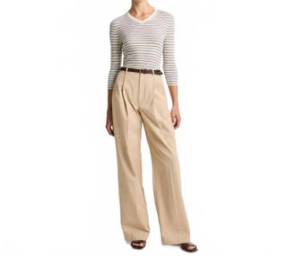 Vince Striped Cashmere Silk High V-Neck Sweater In Clearwater/ Bark Combo