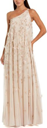 Mac Duggal Floral Embellished Mesh One Shoulder Kaftan Gown in Vanilla at Nordstrom, Size 14