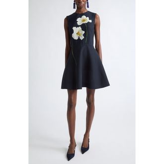 Oscar De La Renta Peony Fit & Flare Dress in White/navy at Nordstrom, Size 10