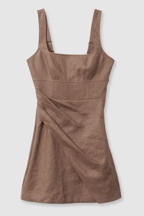 Reiss Brown Linen Pleat Detail Mini Dress, 6