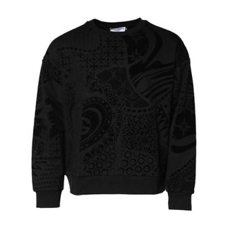 Dolce & Gabbana Sweatshirts, male, Black, Size: L Velvet Print Crew Neck Sweater