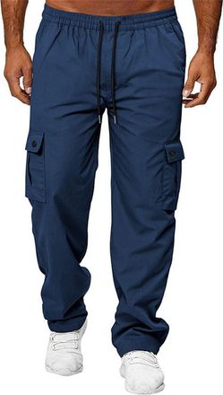 Generic Mens Casual Cargo Trousers Smart Trousers Multi-Pocket Drawstring Elastic Waist Loose Fit Outdoor Work Daily Lounge Pants Navy