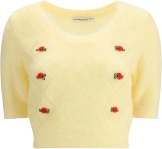 Alessandra Rich Korte Mouw Mohair Sweater met Geborduurde Bloemen - Dames - Ronde hals truien - Bruin - 2XS - Wol - Truien & Vesten