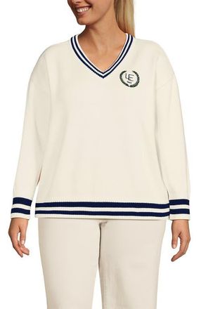 Lands End Plus Size Drifter Varsity Vneck Sweater with Crest in Fresh Ivory Navy Tipping at Nordstrom, Size 2 X