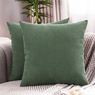 OEM Fundas De Coj&iacute;n De Pana, 45 X 45 Cm, Funda Cuadrada A Rayas De Color Liso Suave, Verde Abeto - Aptas Para Rellenos De Almohada Est&aacute;ndar