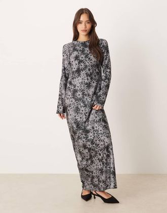 Asos Vestito sottoveste lungo in raso opaco nero a fiori bianchi con cuciture a vista-Multicolore