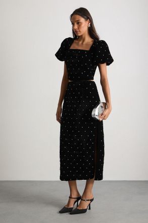 Warehouse Womens Velvet Embellished Pencil Midi Skirt - Black - Size 12 UK