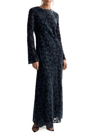 Mango Devor Burnout Long Sleeve Maxi Dress in Night Blue at Nordstrom, Size 2