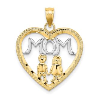 Diamond2Deal 14k Yellow Gold with White Rhodium MOM Heart with 2 Kids Charm Pendant