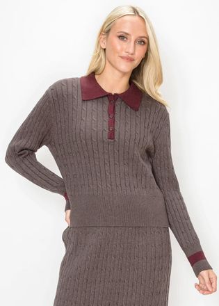 YAL New York Long Sleeve Cable Knit Polo Top in Brown