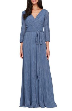 Alex Evenings Metallic Micro Pleated Mesh Gown in Dusty Blue at Nordstrom, Size 6