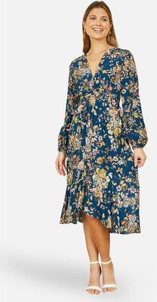 Yumi Tie Knot Front Long Sleeve Midi Dress in Navy at Nordstrom, Size 10