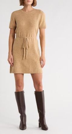 Halogen Short Sleeve Tie Waist Sweater Dress in Latte Heather at Nordstrom Rack, Size X-Large