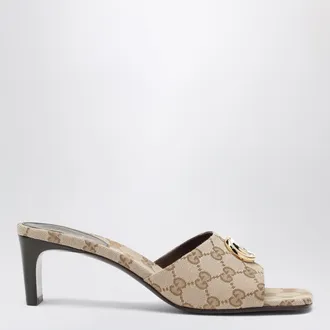 Gucci Sandalo slider con Doppia G in tela GG sabbia