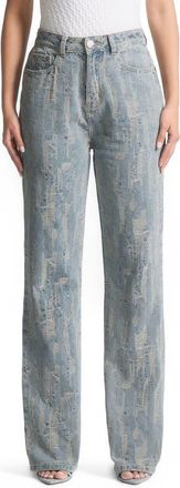 Mani&egrave;re De Voir Florence Distressed High Rise Straight Leg Jeans in Mid Blue at Nordstrom, Size 12