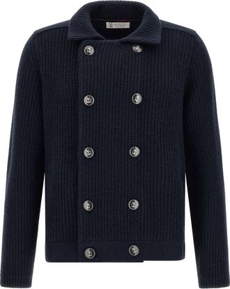 Brunello Cucinelli Blue Knitted Shirt Collar Cardigan