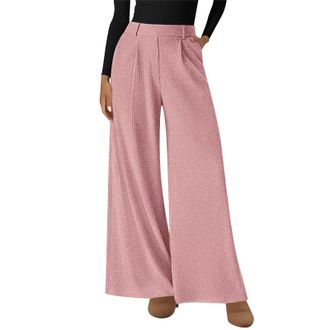 Generic Womens High Waisted Corduroy Wide Leg Pants Elastic Waistband Soft Ribbed Texture Trousers Casual Wear Stretch Lounge Pants with Roomy Fit for Daily U