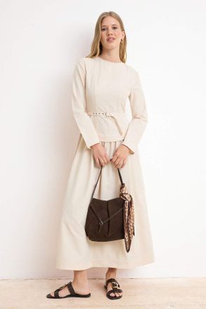 Trendyol Modest Dames Beige Effen Maxi Lang Casual Skater Modest Jurken