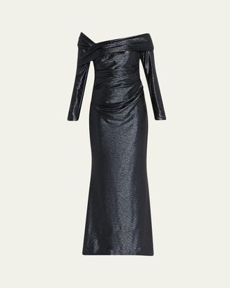 Talbot Runhof Off-The-Shoulder Draped Mirabal Stretch Gown