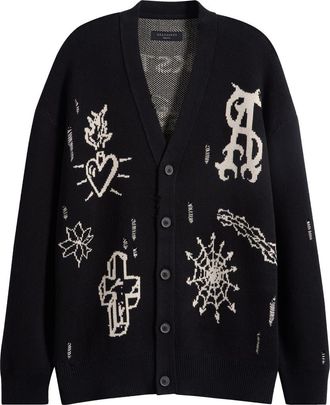 AllSaints Staged Intarsia Organic Cotton Button Front Cardigan in Black/ecru White at Nordstrom, Size Xx-Large