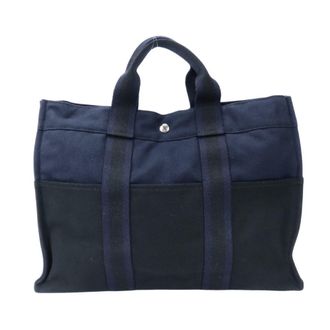 Herm&egrave;s Black Navy Canvas Tote Bag (Pre-Owned)