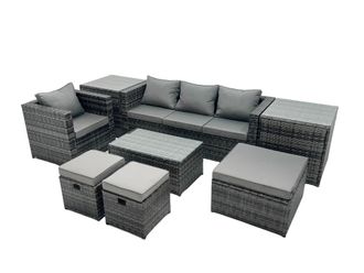 Fimous Outdoor Coffee Table Sofa Set with 2 Side Tables 2 Small Footstools in Dark Grey