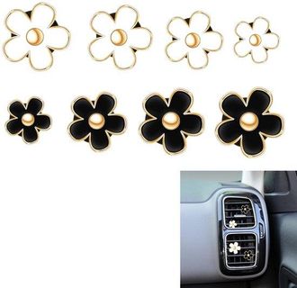 OEM Paquete De 8 Adornos Florales Para La Rejilla De Ventilaci&oacute;n Del Coche, Clips Para El Coche, 4 Tama&ntilde;os, Blanco, Negro (sin Pastillas Arom&aacute;ticas)